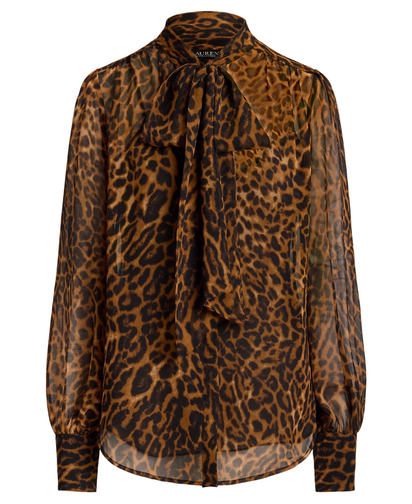 Женская блузка Lauren Ralph Lauren Petite Ocelot-Print Chiffon Tie-Neck, цвет: Рыжевато-коричневый разноцветный — фото 6