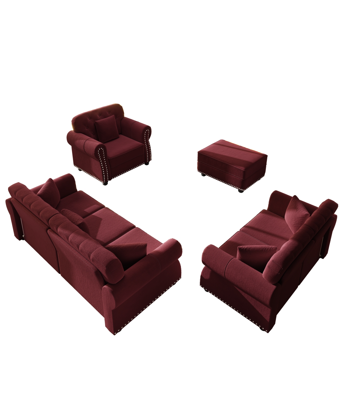 Streamdale Furniture Velvet Chesterfield Sofa with Nailhead Trim and Ottoman