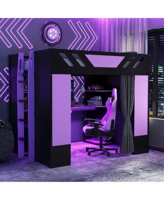 Full Size Wood Loft Bed with Shelves Curtains and RGB Lights