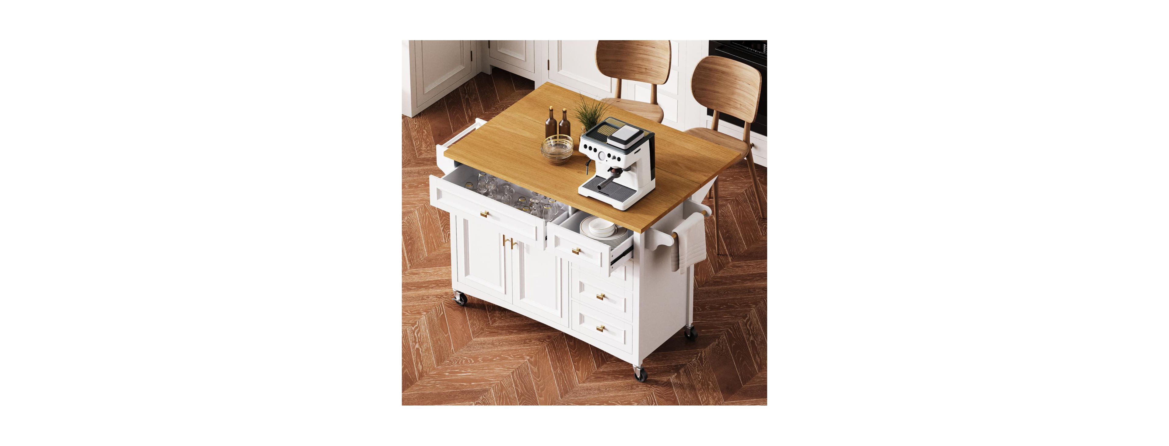 Streamdale Furniture 52'' Drop Leaf Kitchen Island with Storage Spice Rack and Wheels