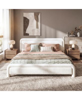 King Size Upholstered Boucle Platform Bed with Curved Headboard