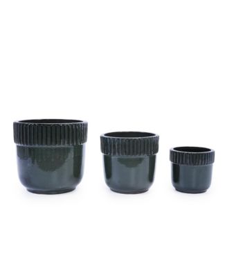 Handmade Ceramic Planter Set of 3, 15/14/9 Inch Diameter, Ribbed Pattern, for Succulents Indoor/Outdoor Use on Windowsill and Bookshelf