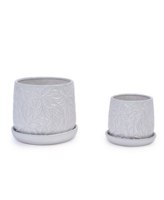 Leaf Pattern Design Handmade Glossy Ceramic Planter Set of 2