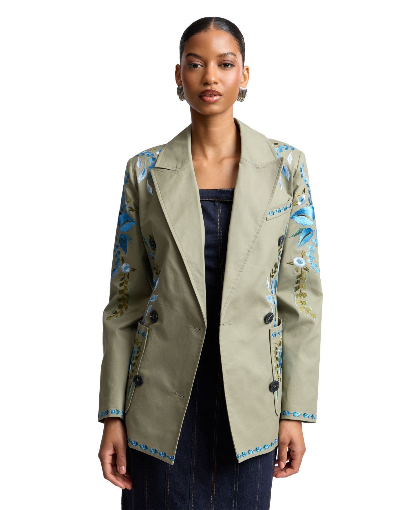 Женский пиджак Avec Les Filles Embroidered Double-Breasted Blazer, цвет: Бледный оливковый — фото 1