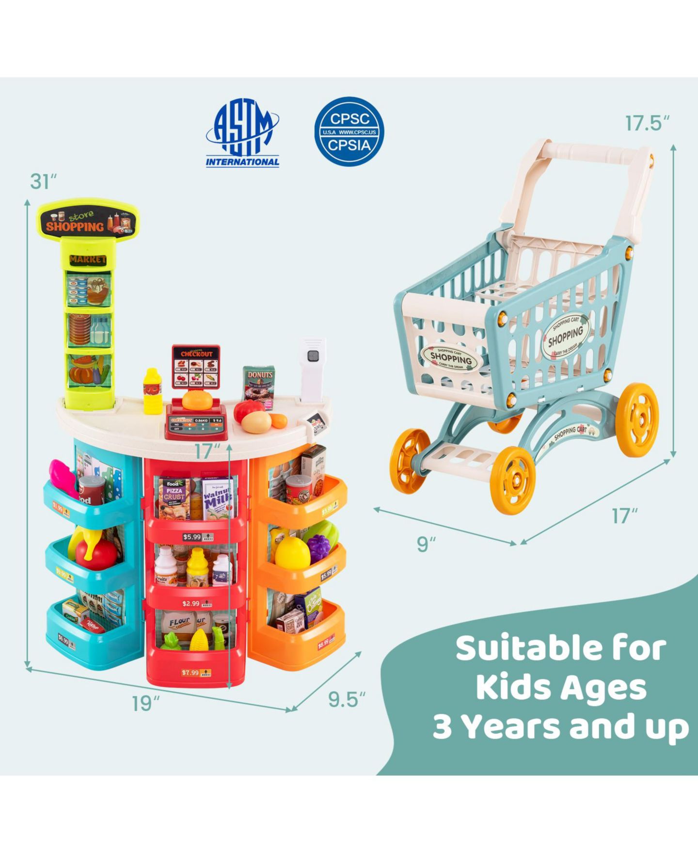 Детский игровой набор Mecale Supermarket Shopping Cart 76-Piece Playset, Ages 3+, цвет: Синий — фото 3
