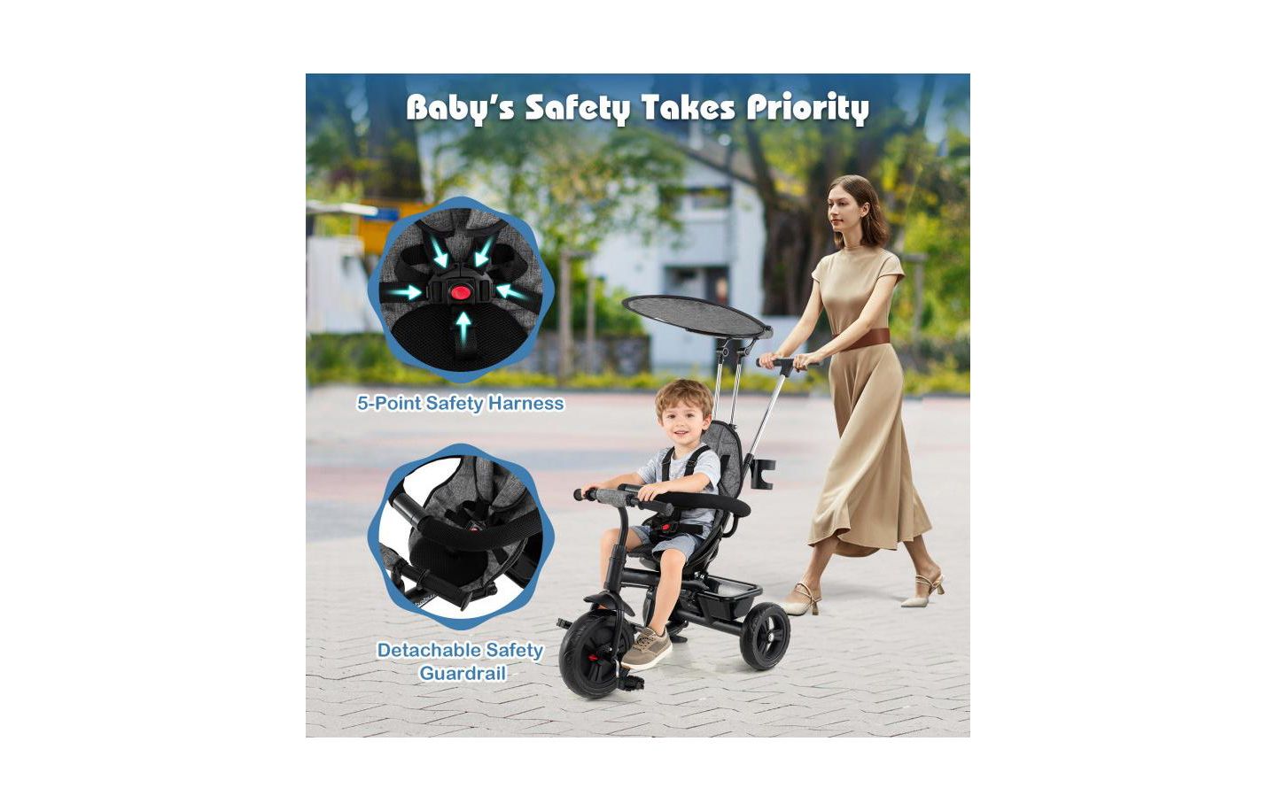 Детская игрушка Slickblue Foldable 7-in-1 Baby Tricycle Stroller with Adjustable Canopy, цвет: Серый / Чёрный — фото 7