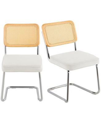 Mid Century Modern Rattan Dining Chairs Set of 2, Velvet Upholstered Seat with Woven Back
