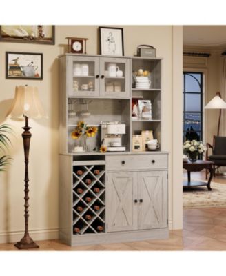 coffee bar cabinet with power outlet and barn doors, sideboard buffet with wine rack and storage for kitchen or dining room.