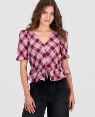 Petite Cotton Plaid Peplum Top