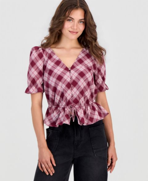 Женская блузка And Now This Petite Plaid Peplum Blouse, цвет: Винный клетчатый
