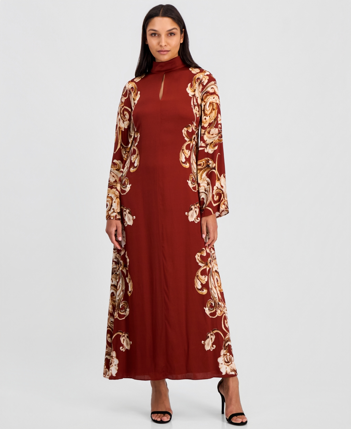 Elie Tahari Women's Analeia Mock-Neck A-Line Long-Sleeve Silk-Blend Maxi Dress