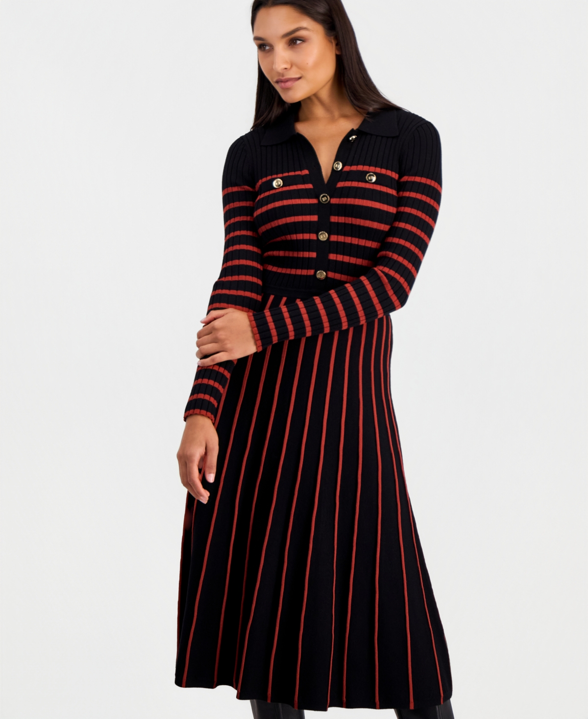 Elie Tahari Women's Elodie Long-Sleeve Collared Midi Sweater Dress
