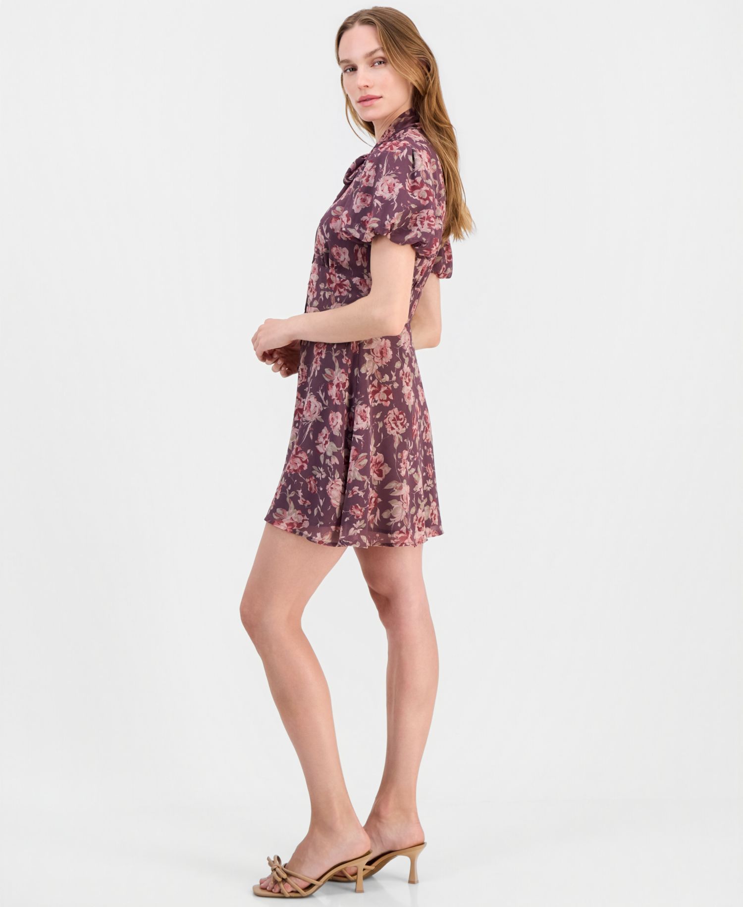 Jonni Puff-Sleeve Floral-Print Tie-Front Mini Dress