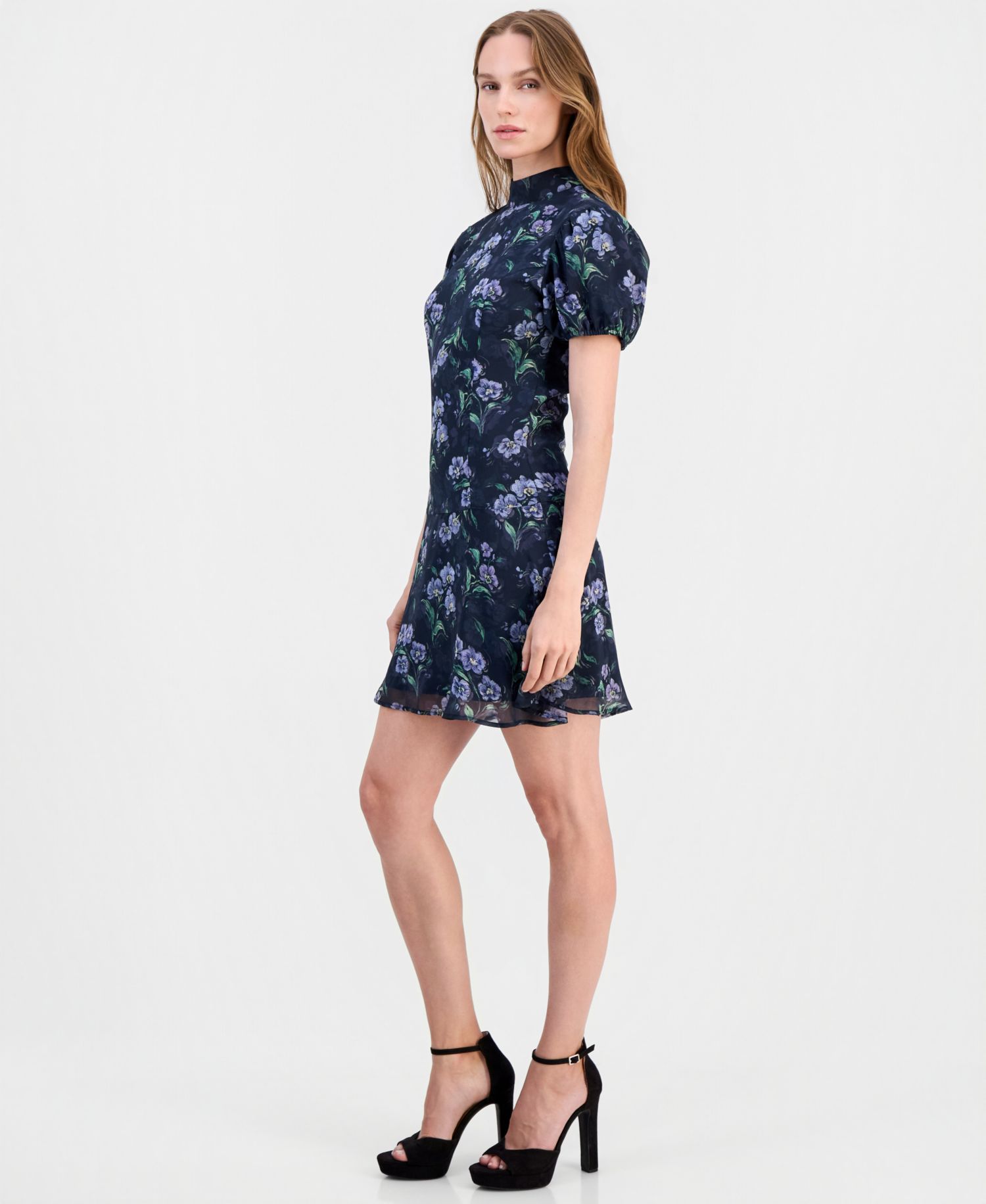 Floral-Print Puff-Sleeve A-Line Lark Tie Back Mini Dress