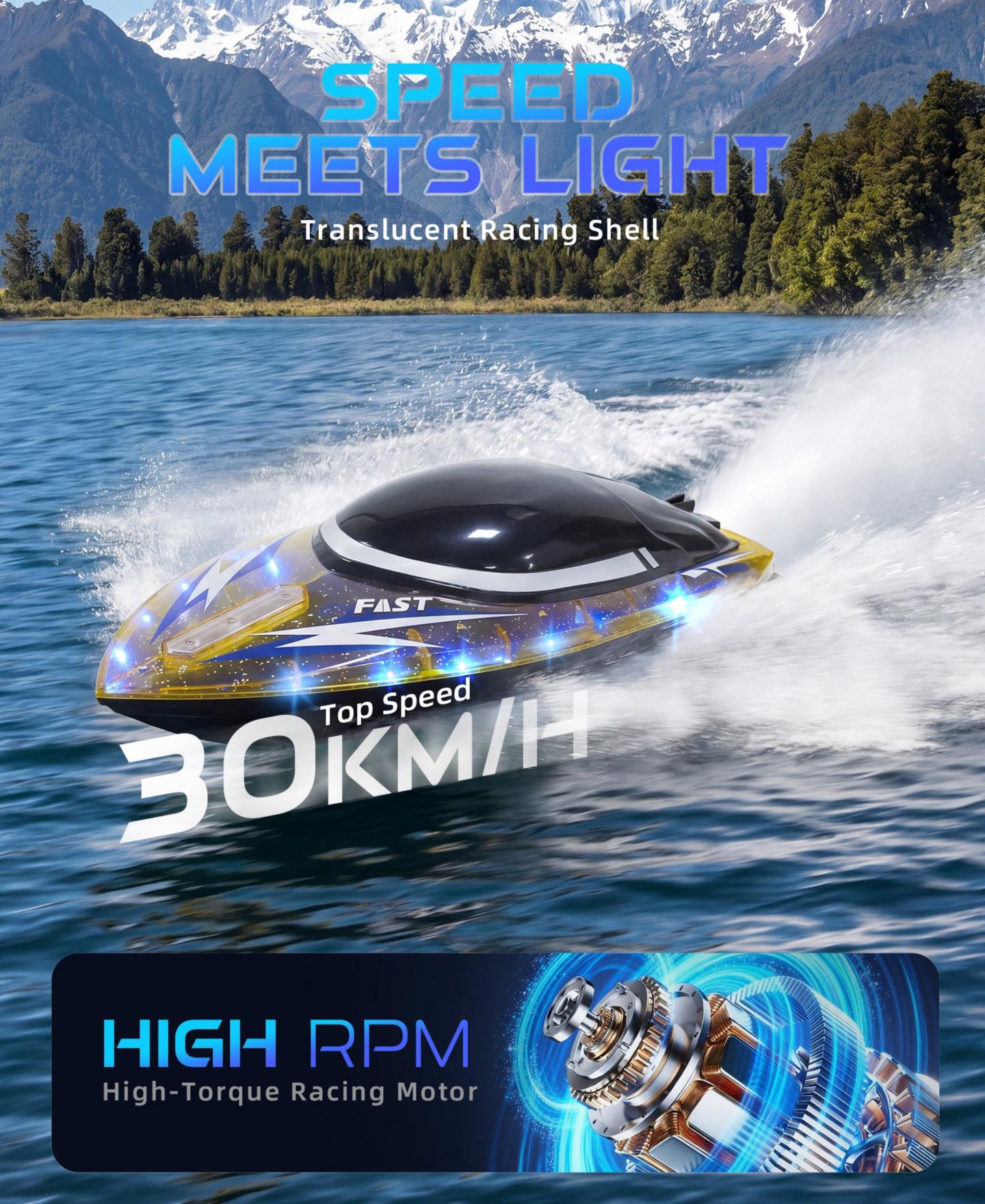 Детская игрушка SUGIFT Remote Control Boat 30KMH High Speed RC Racing Boat for Pool Lake Kids, цвет: Жёлтый — фото 4