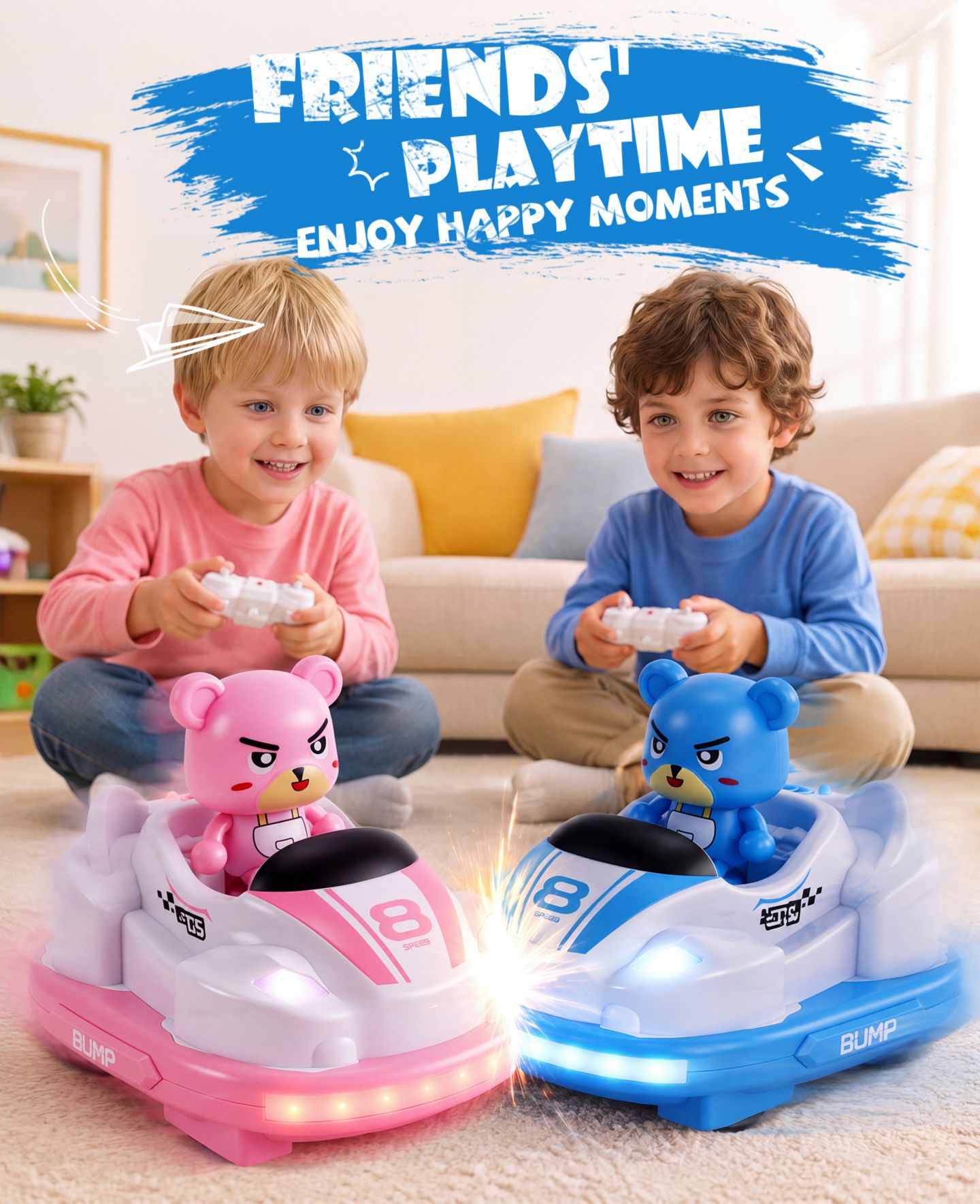 Детские игрушки SUGIFT RC Bumper Cars Toys 2 Pack Kids LED Battle Set with Pop Up Figures, цвет: Розовый / Синий — фото 4
