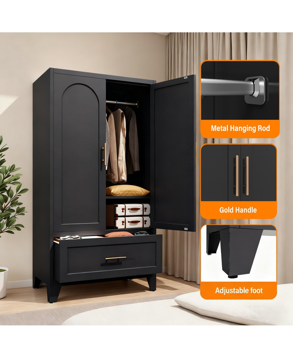 60" Tall Metal Storage Cabinet with 1 Drawer and Hanging Rod Wardrobe 2 Doors Wardrobe Closet with Shelf