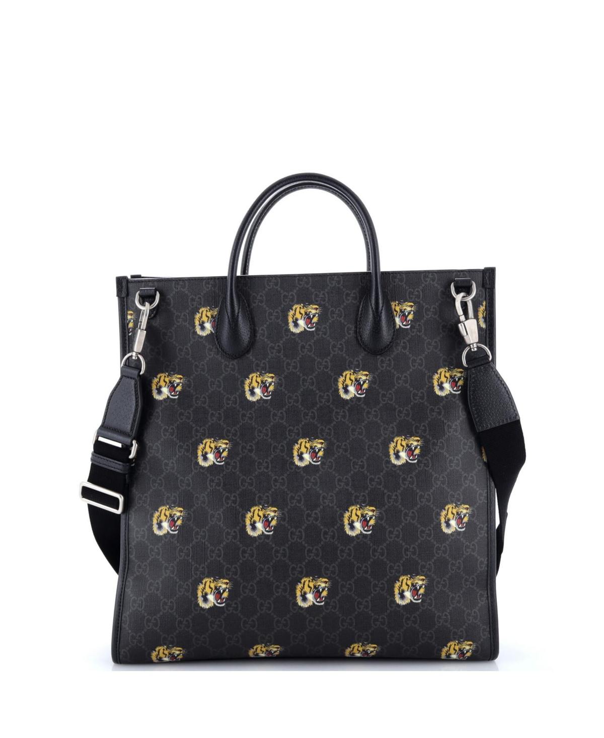 Pre-Owned Gucci Tall Interlocking G Patch Web Strap Convertible Tote Printed Gg Coated Canvas