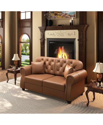 63'' Faux Leather Loveseat, Nailhead Tufted Chesterfield, Wood Frame