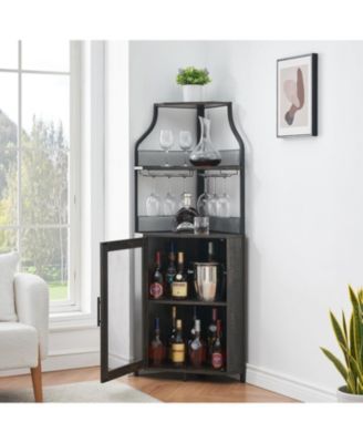 Corner Wine Cabinet with Detachable Wine Rack, 5-Tier Industrial Corner Bar Cabinet with Barn Door and Glass Holder, Farmhouse Buffet Cabinet