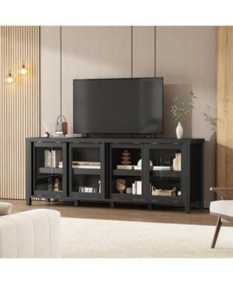 Sliding Glass TV Stand for TVs, Mid-Century Entertainment Center with Storage Cabinet