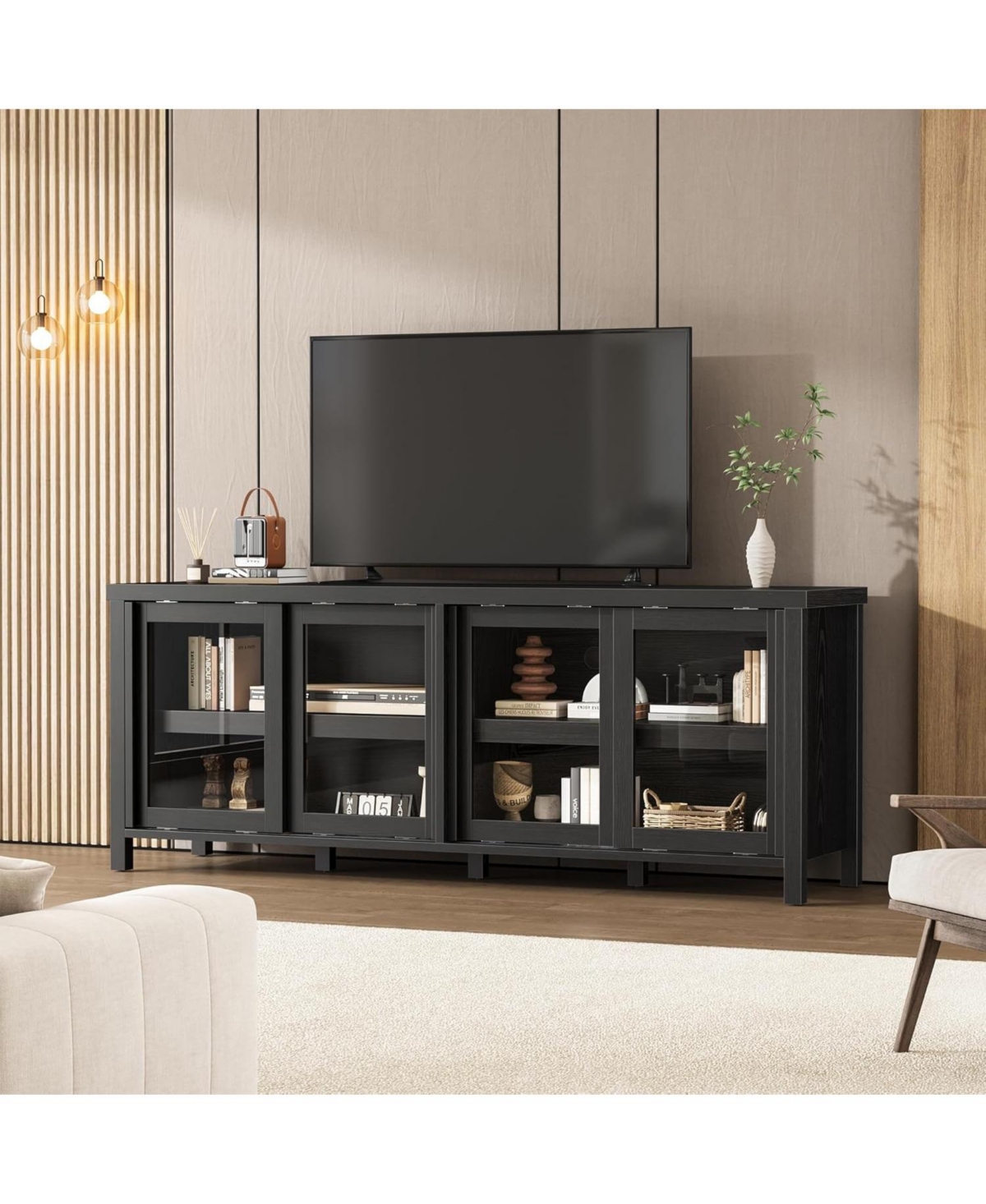 gaomon Sliding Glass Tv Stand for TVs, Mid-Century Entertainment Center with Storage Cabinet