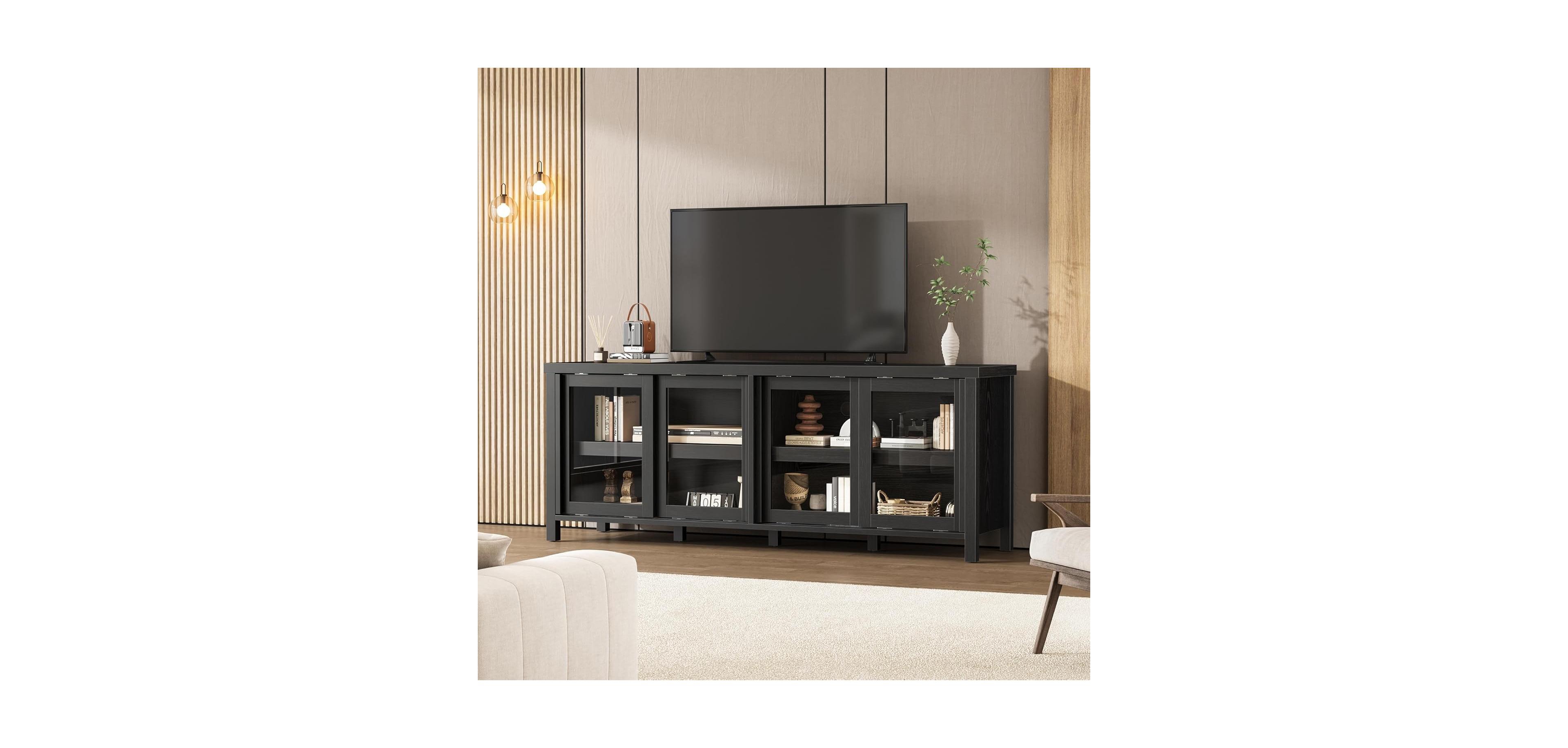 gaomon Sliding Glass Tv Stand for TVs, Mid-Century Entertainment Center with Storage Cabinet