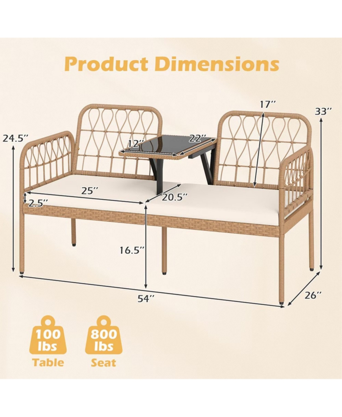 Yiortwo 2-Seat Pe Rattan Outdoor Loveseat with Coffee Table and Cushions
