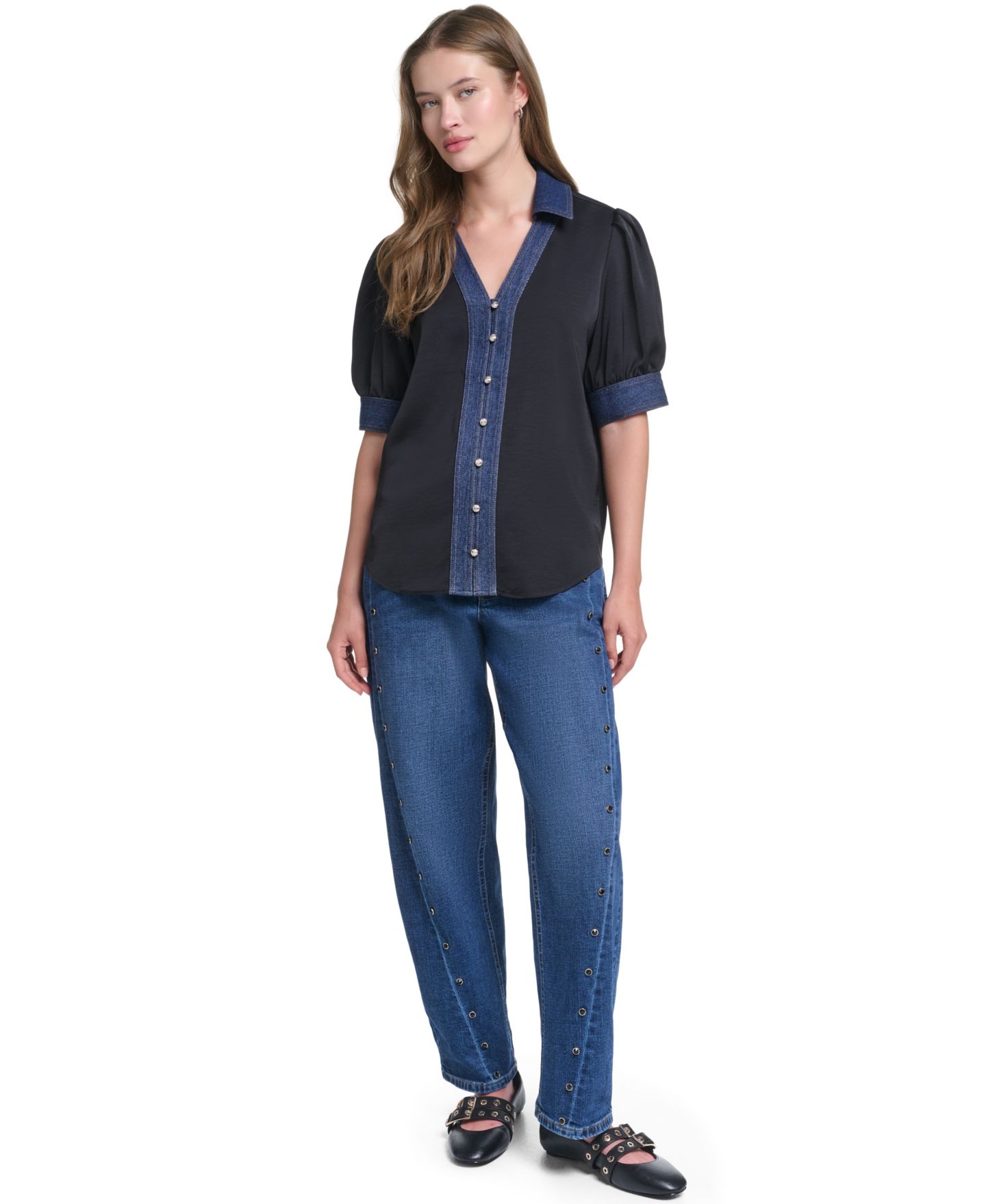 Женская блузка KARL LAGERFELD PARIS Denim Collar Button-Front Blouse, цвет: Чёрный — фото 2