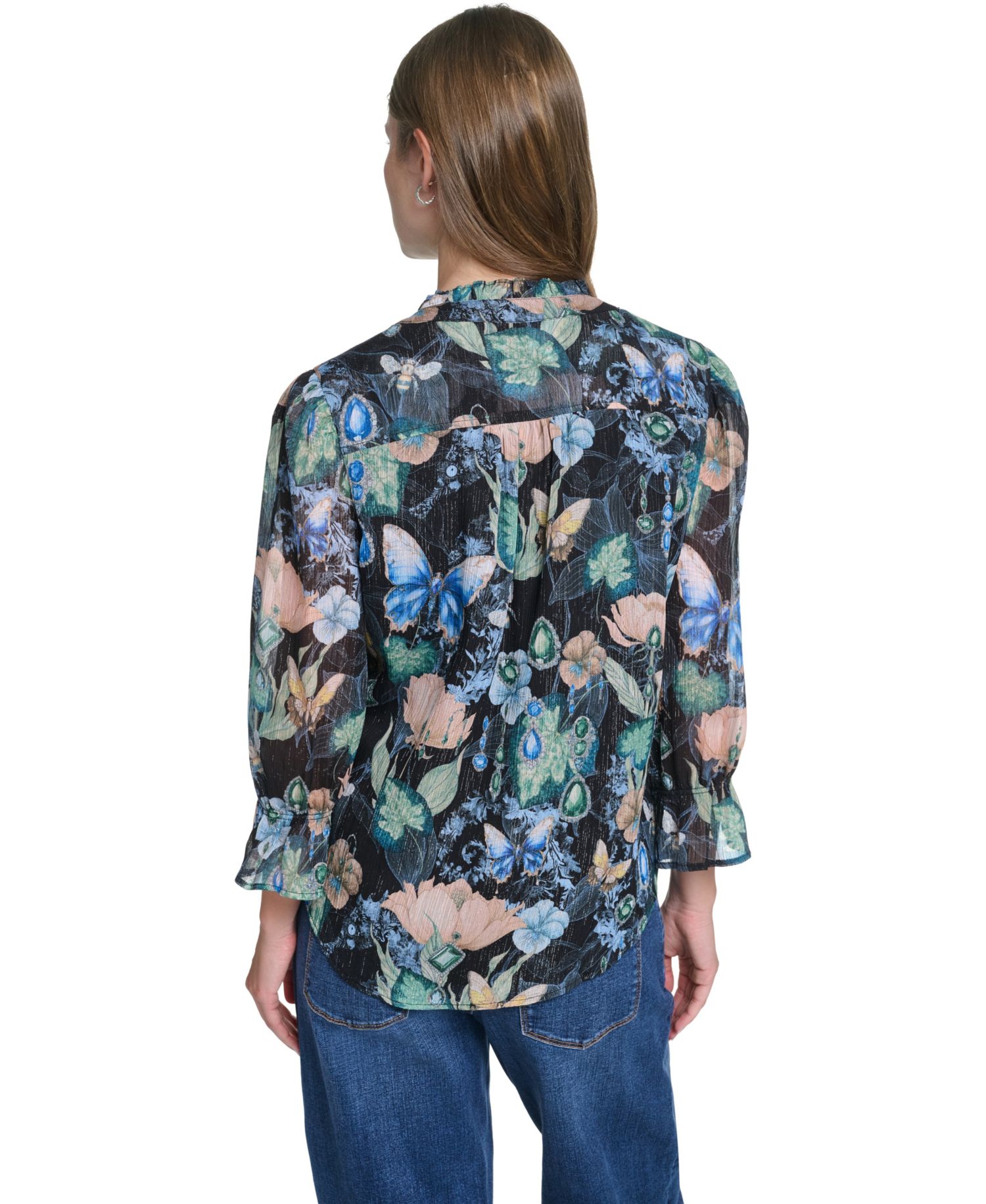 Women's Ruffle Collar Printed Chiffon Button-Up Blouse