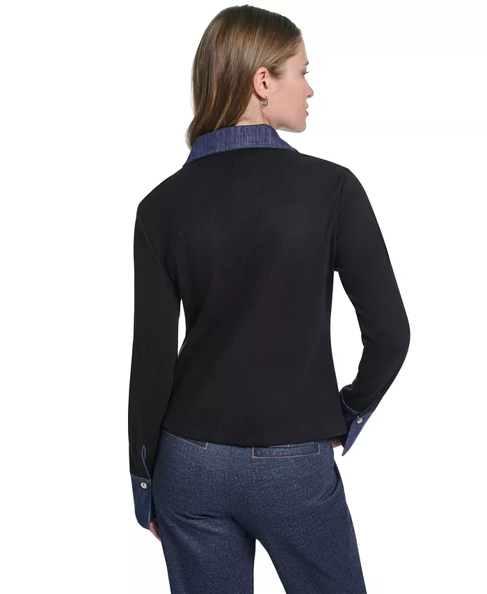 Women's Denim Collar and Cuffs Knit Button-Up Top - thumbnail 6