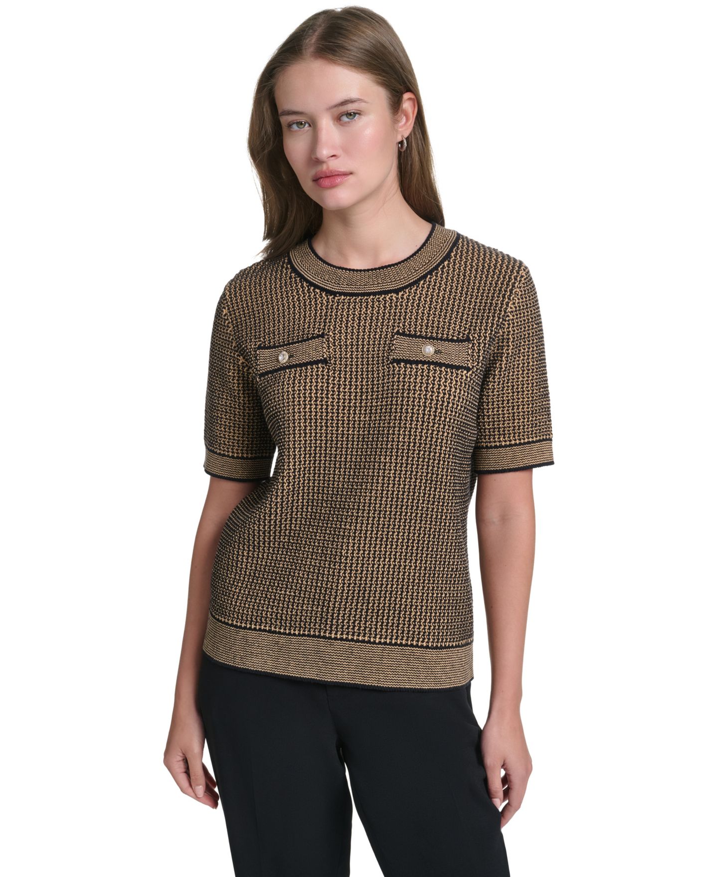 Женский свитер KARL LAGERFELD PARIS Short-Sleeve, цвет: Чёрный / Верблюжий — фото 1