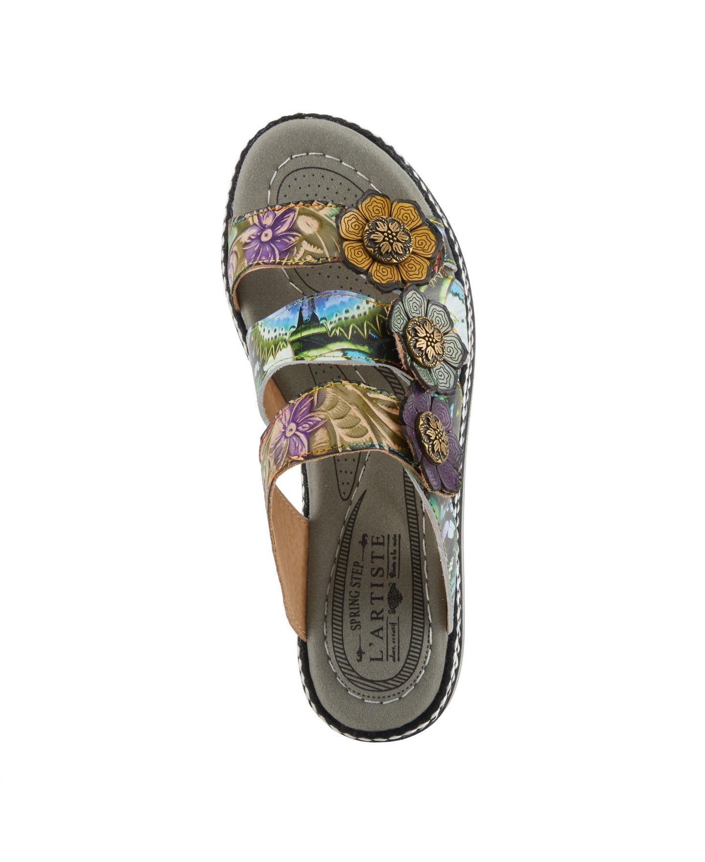 Женские сандалии L'Artiste Spring Step Naomi-Monarch Slides with Leather Upper, цвет: Оливковый разноцветный — фото 3