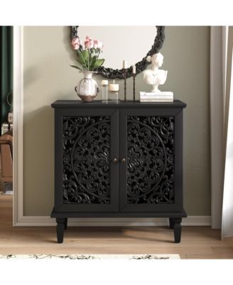 Vintage Carved Storage Cabinet with Solid Wood Legs, Double Door Accent Cabinet with Adjustable Shelf