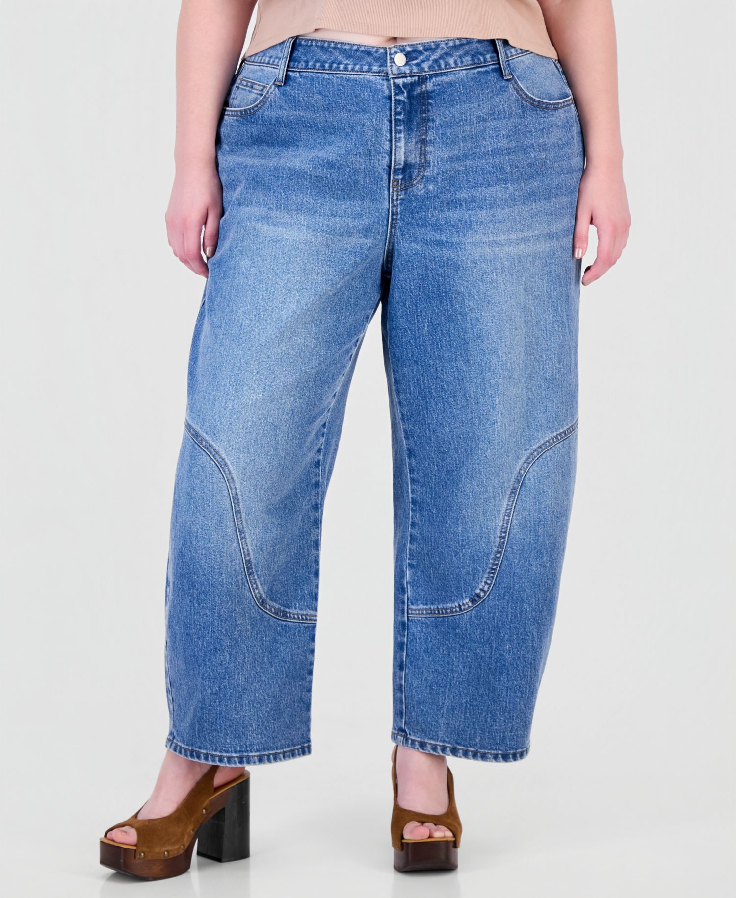 Plus Size Curved Seamed Barrel High-Waisted Wide-Leg Denim Jeans