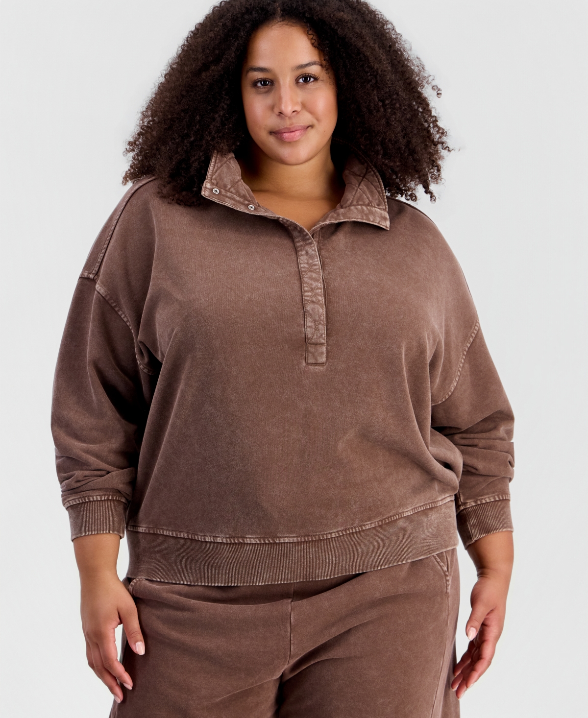 And Now This Plus Size Snap Henley Fleece French Terry Mock Neck Sweatshirt, Macy's Exclusive - Warm Sienna