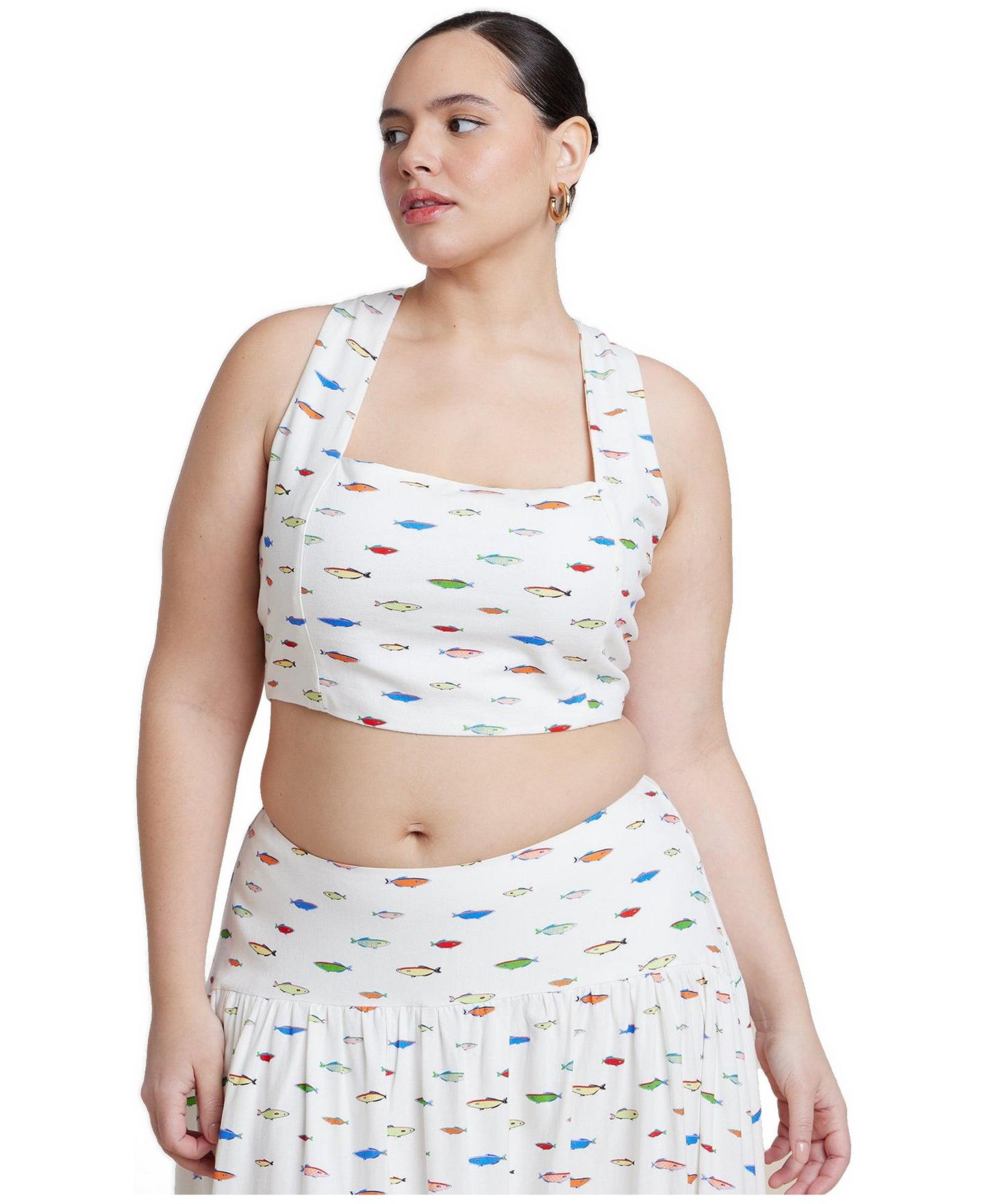 Женский топ ELOQUII Plus Size Printed Linen Crop, цвет: Fish Family — фото 1