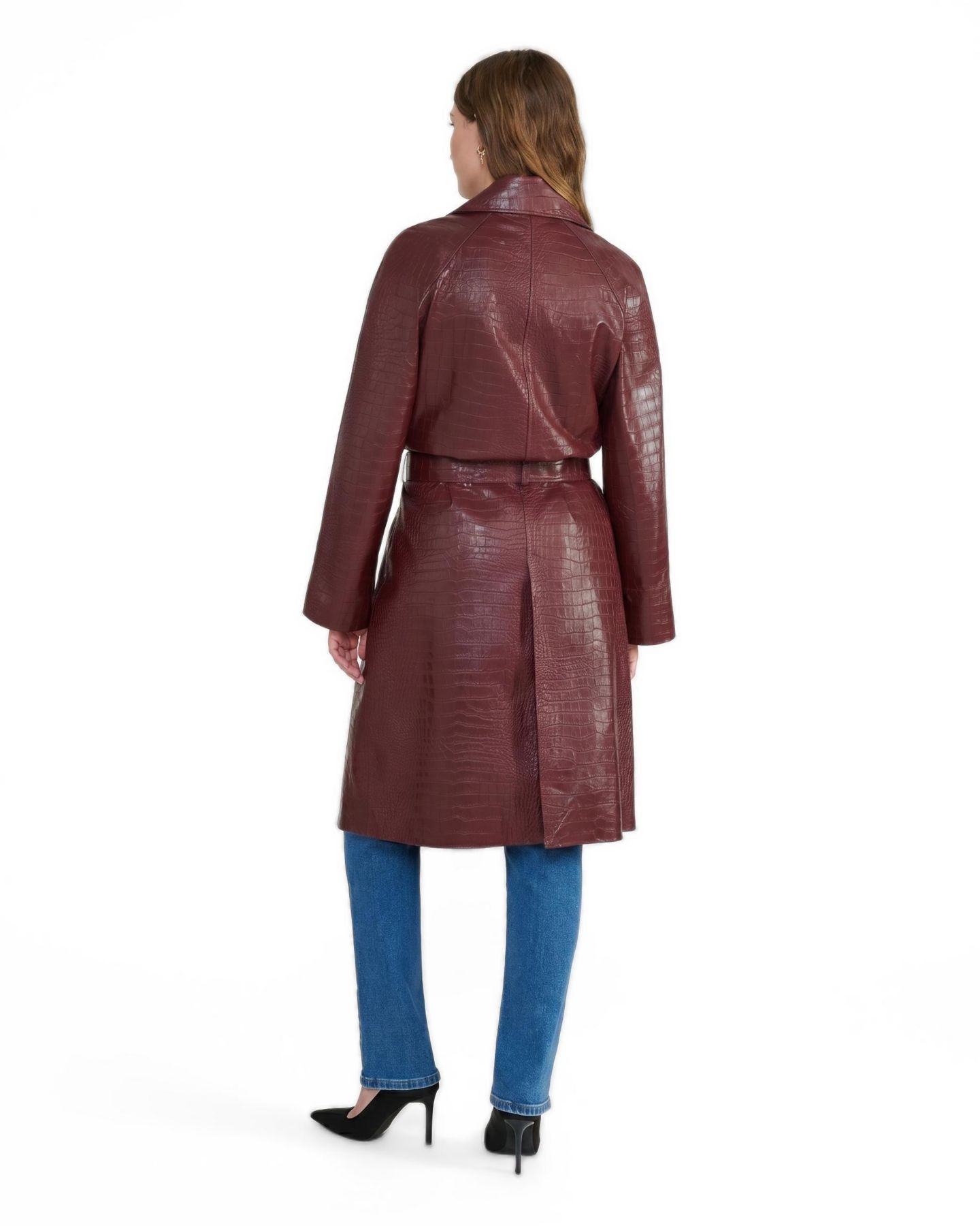 Женское пальто Furniq UK Sloane Burgundy Croc-Embossed Leather Trench, цвет: Бордовый — фото 2
