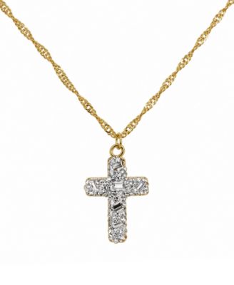 Crystal Gold-Tone Plated Composite Stone Pave Cross Pendant Necklace