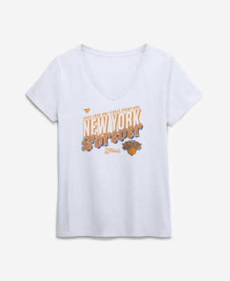 Women's White New York Knicks 2026 NBA Finals Champions Hometown V-Neck T-Shirt