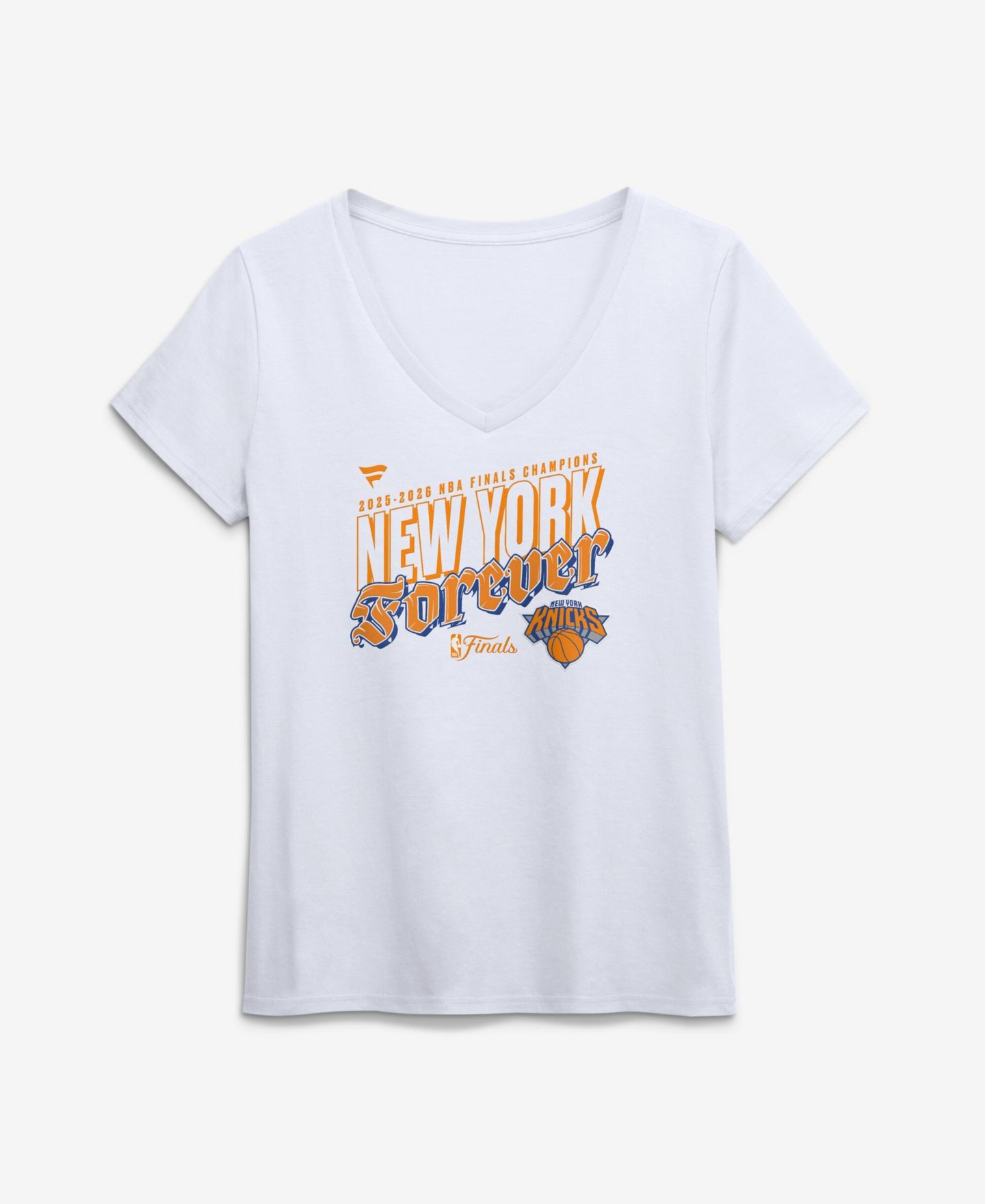 Женская футболка Fanatics White New York Knicks 2026 NBA Finals Champions Hometown V-Neck — фото 1