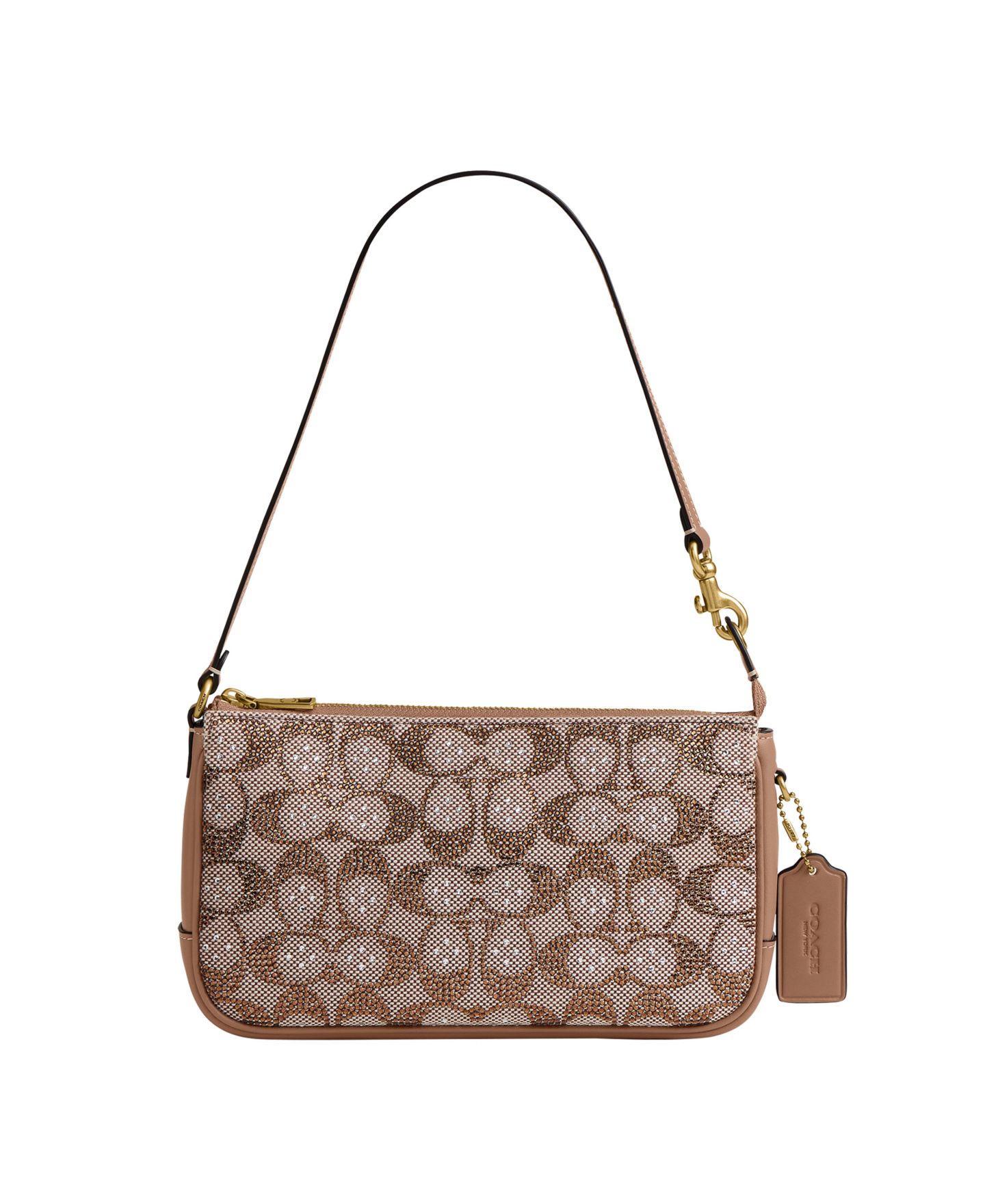 Женская сумка COACH Plaza Small Crystal Signature Jacquard Shoulder, цвет: Латунный / Серо-бежевый — фото 1