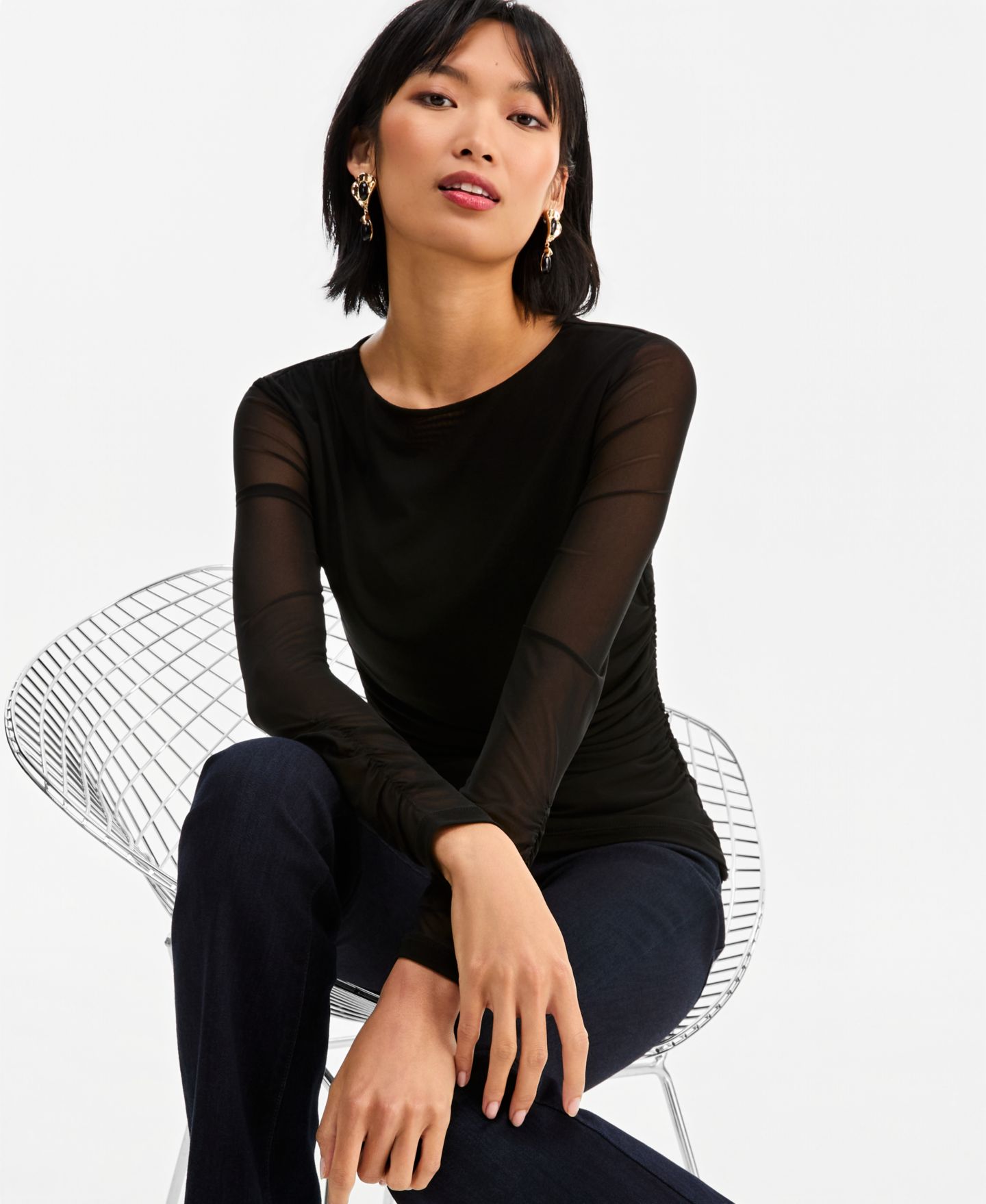 Женская блузка I.N.C. International Concepts Long-Sleeve Ruched Mesh Blouse, цвет: Глубокий чёрный — фото 2