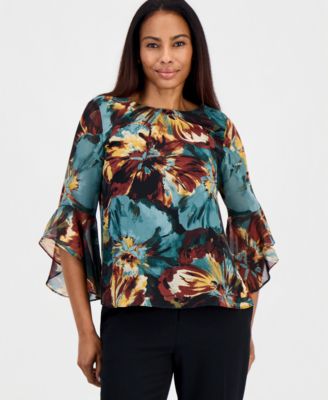 Women's Floral Chiffon 3/4-Sleeve Ruffled Blouse