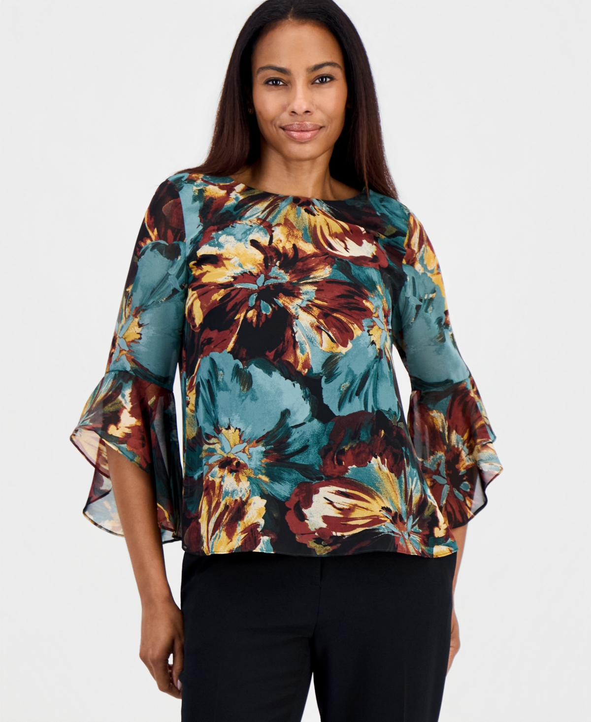 Kasper Women's Floral Chiffon 3/4-Sleeve Ruffled Blouse - Evergreen Multi