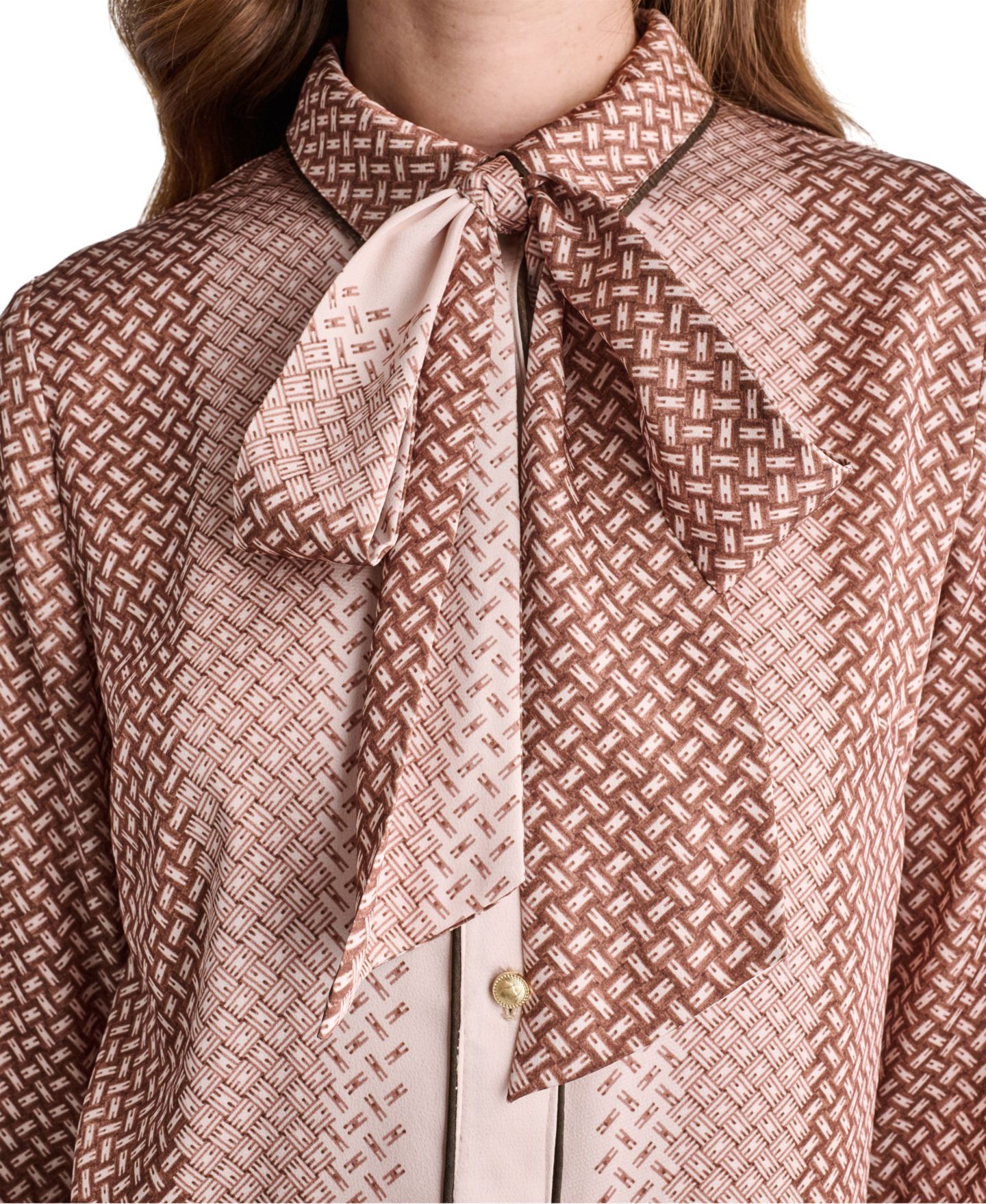Женское платье BCBG Geometric Print Tie-Neck Long-Sleeve Drop-Waist, цвет: Сиена разноцветный — фото 8