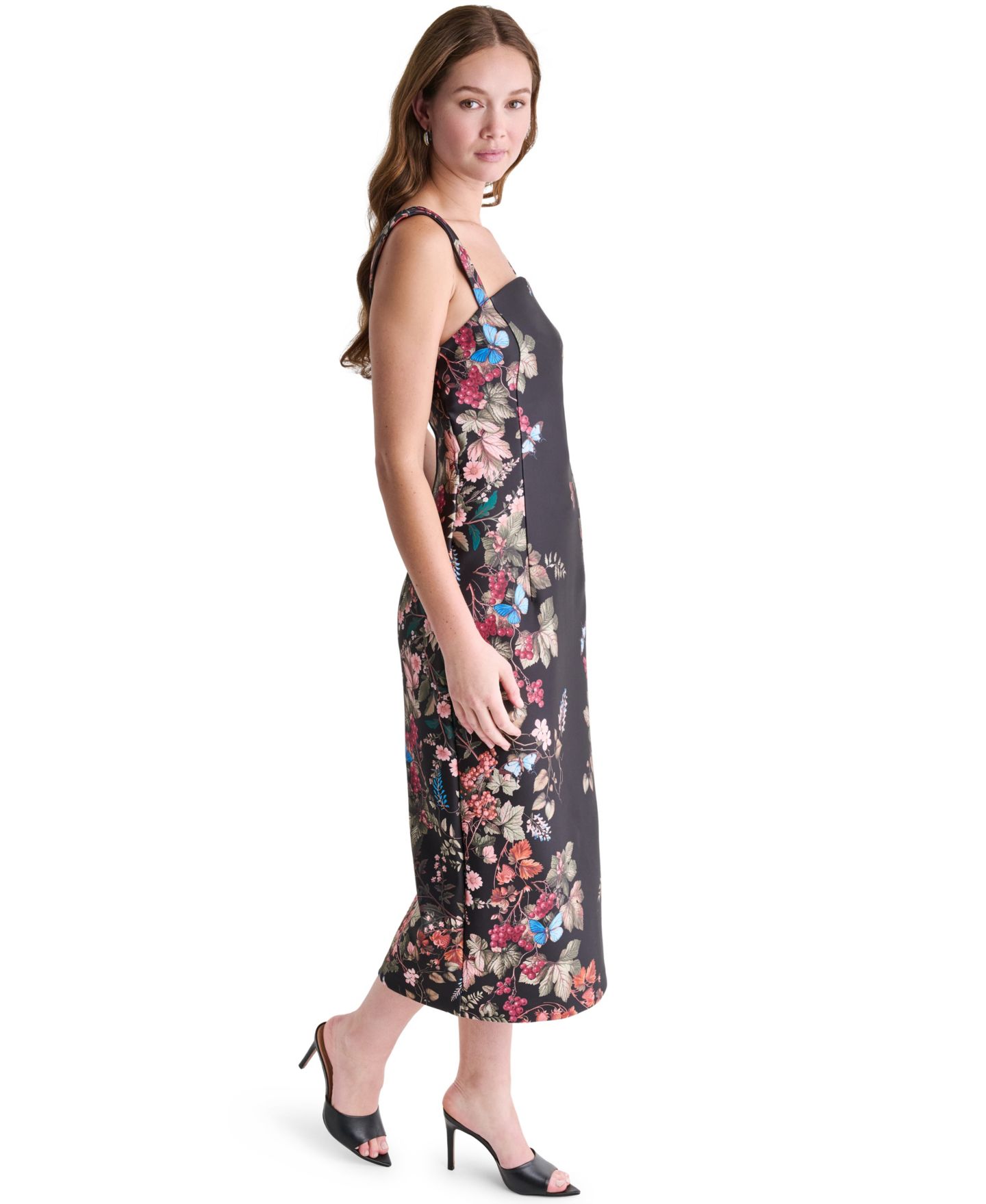 Женское платье BCBG Floral Print Square Neck Satin Midi, цвет: Чёрный / Разноцветный — фото 3