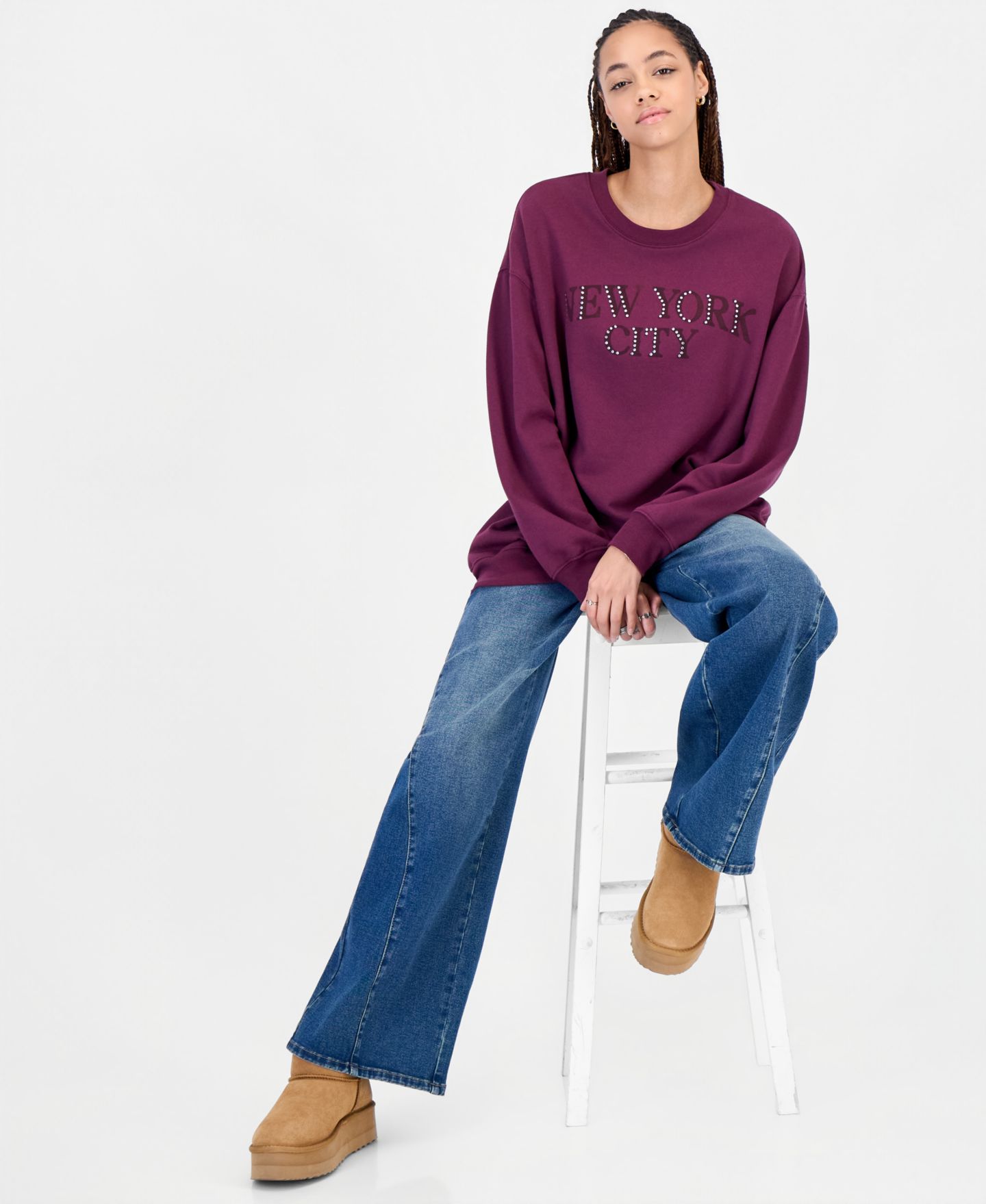 Женское худи Rebellious One Juniors' NYC Rhinestone Oversized Fleece, цвет: Розовато-лиловый винный — фото 2