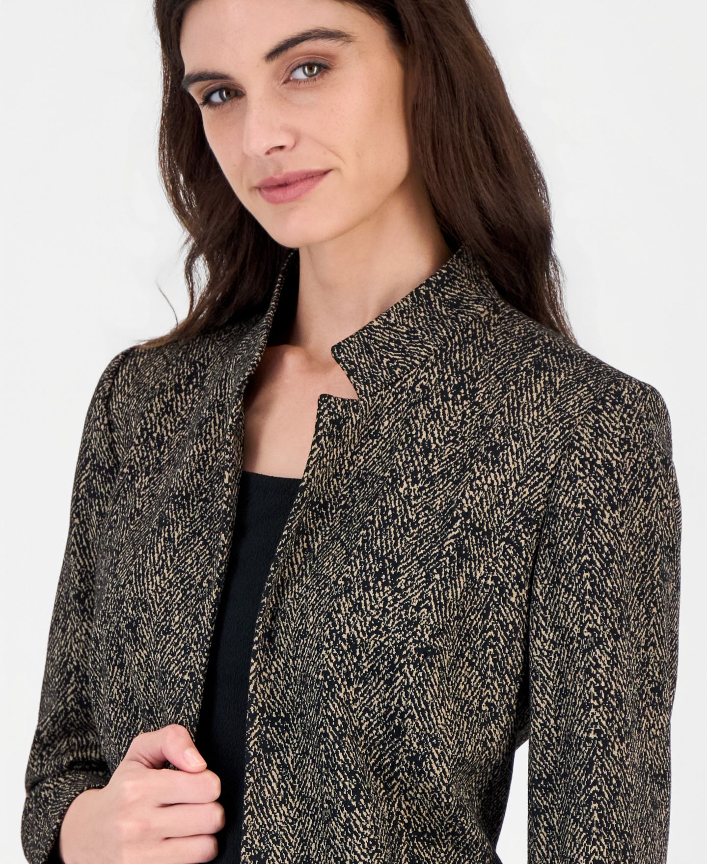 Женские пиджаки Kasper Stand-Collar Jacquard Geometric-Print Blazer, цвет: Чёрный разноцветный — фото 2