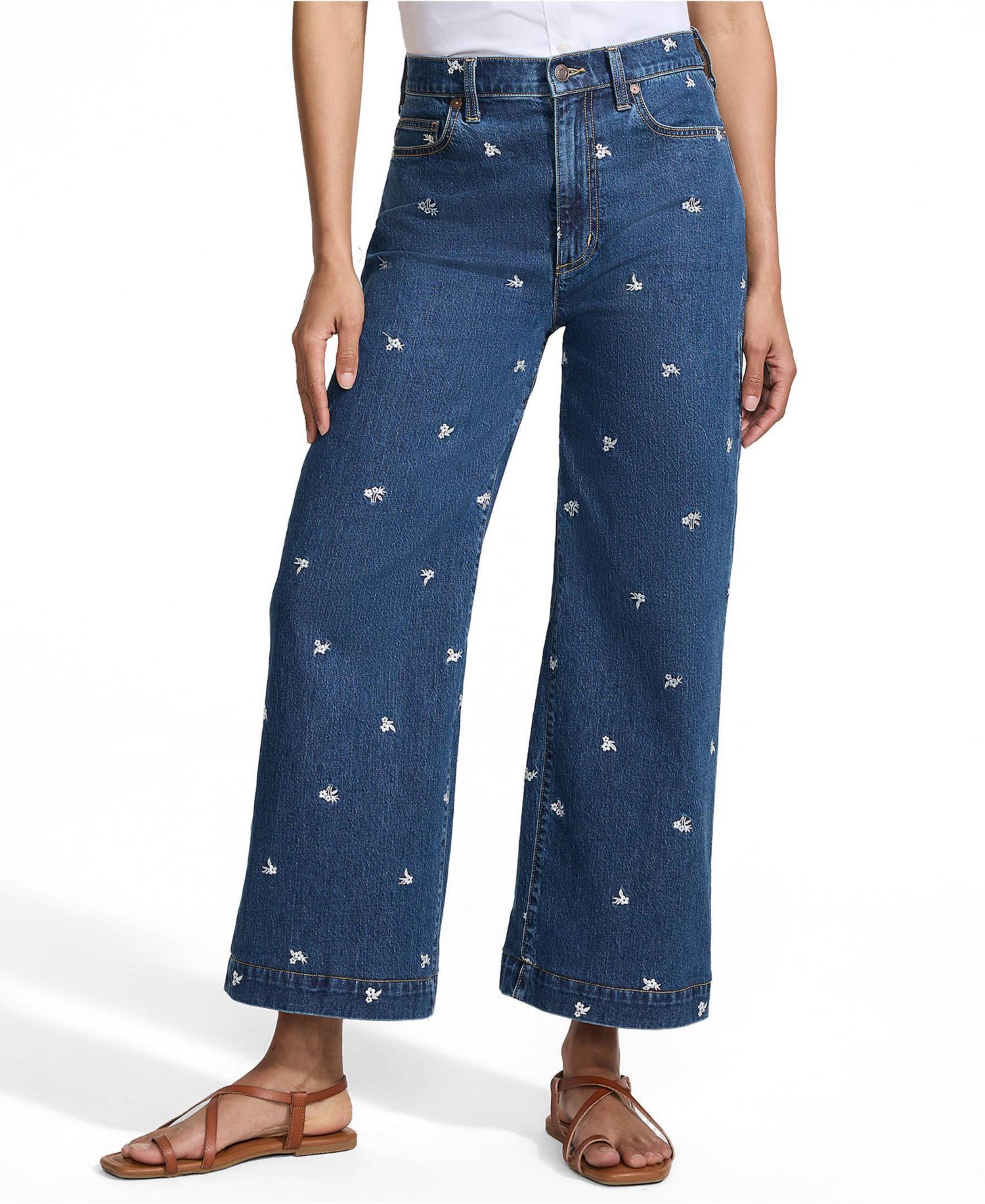 Petite Soft Denim High Rise Embroidered Wide Leg Crop Jeans